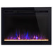 26 inch flat glass electric fireplace with the flames on front view.