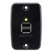 Black RV dual USB charger outlet with the indicator light on front view.
