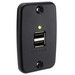 Black RV dual USB charger outlet with the indicator light on.