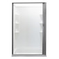 RV retractable rolling shower door that is open with a white shower surround behind it.