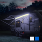 LED RV awning party light mounted on a trailer under the awning in the dark.