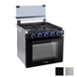Black 21" gas range with the glass top cover raised up.