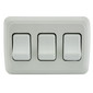 White RV 3 gang SPST switch front view.