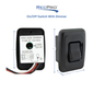 Black RV 12V DC toggle style light switch with a high-side dimmer measurements.