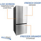 LCD screen temperature control. French door design. Freezer drawer storage.