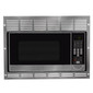 Stainless steel RV microwave with matching trim ring front view.