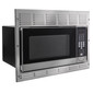 Stainless steel RV microwave with matching trim ring.