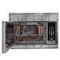 Stainless steel RV microwave and matching trim ring with the door open.