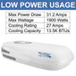 Low power usage. Max power draw of 31.2 amps. Max watts is 1900 watts. Cooling power is 27 amps.