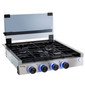 Stainless steel three burner gas cooktop with cover up.