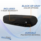 Air conditioner cover features. Included one year warranty. Black or gray color options. Durable polyester material.