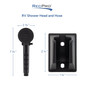 Black RV handheld shower head with wall mount measurements.