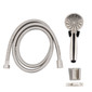 RV brushed nickel handheld shower head with hose and holding bracket.