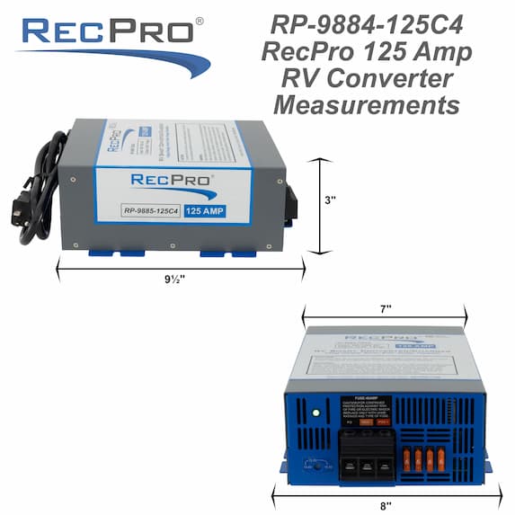 Blue and gray RecPro RV 35 amp smart charging converter measurements. Blue and gray RecPro RV 35 amp smart charging converter measurements.