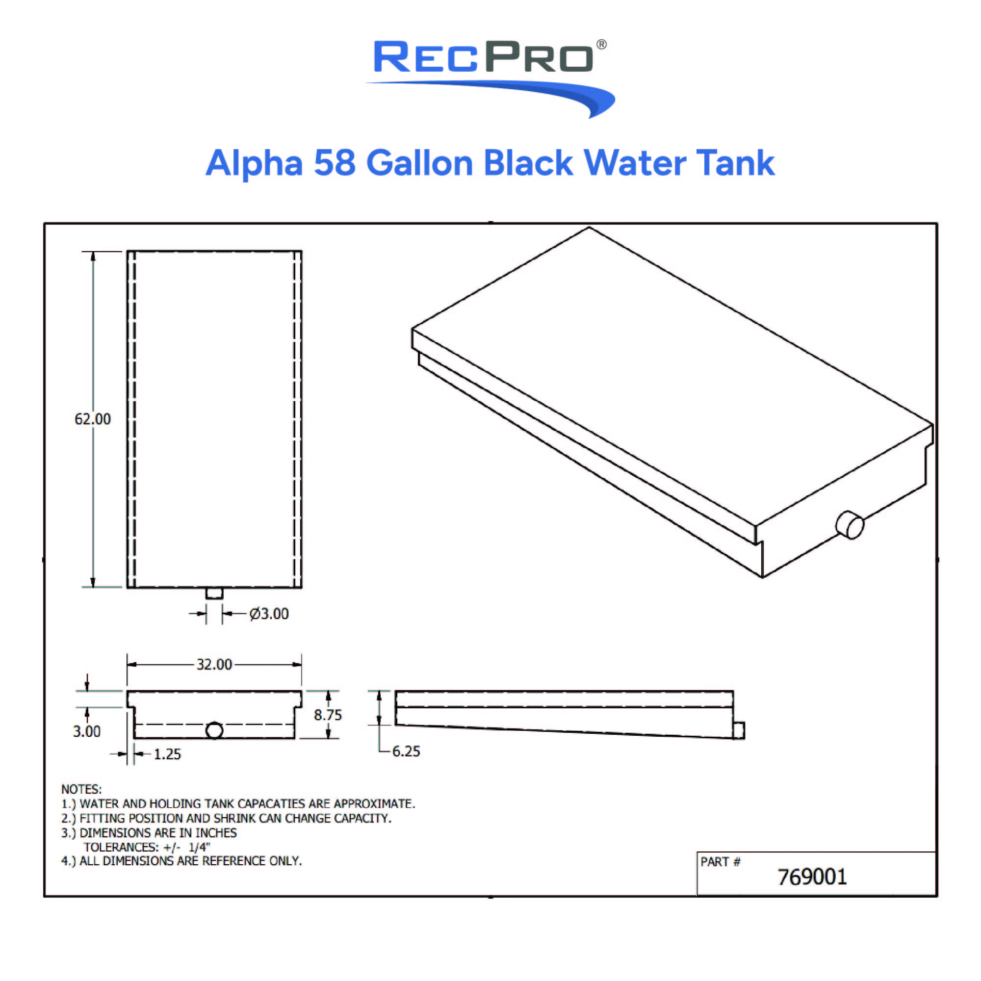 Alpha 58 Gallon 62 x 32 x 8.75 Black Water Holding Tank 769001