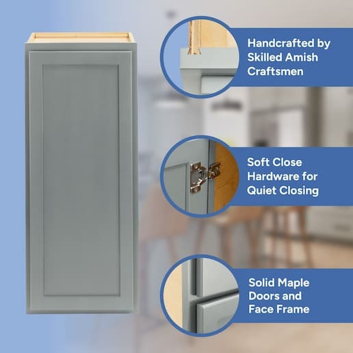 handcrafted by skilled amish craftsmen, soft close hardware, solid maple doors, face frame, and drawer front