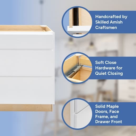 handcrafted by skilled amish craftsmen, soft close hardware, solid maple doors, face frame, and drawer front