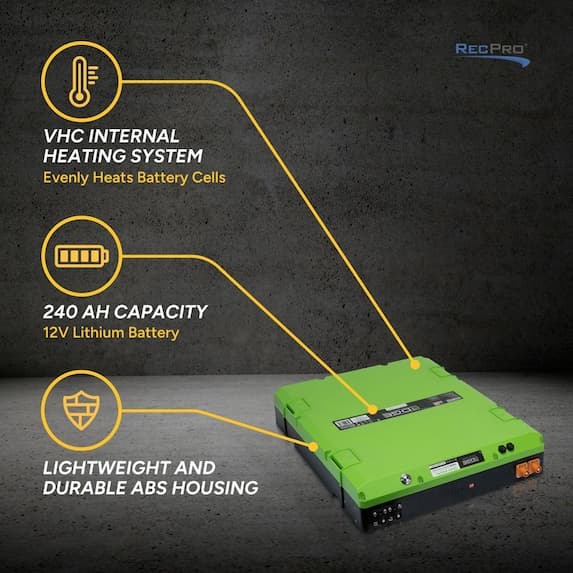 vhc internal heating system evenly heats battery cells, 240 AH capacity, lightweight and durable ABS housing