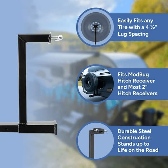 Easily fits any tire with a 4 1/2" lug spacing, fits modbug hitch receiver and most 2" receivers