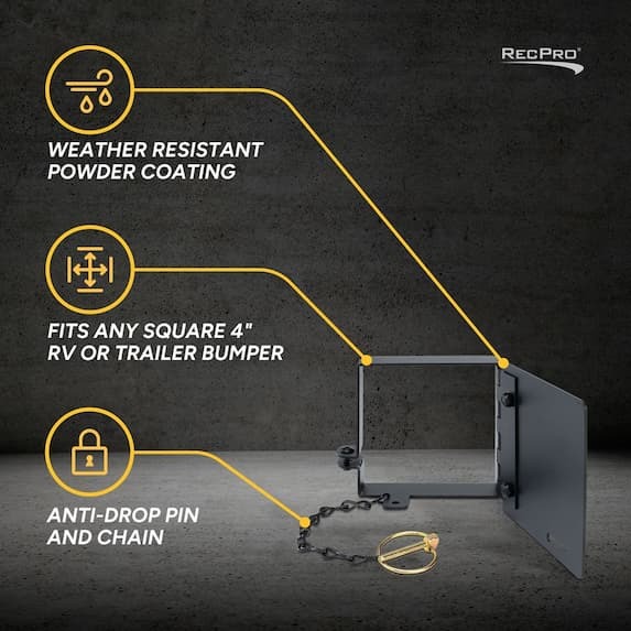 weather resistant powder coating, fits any square 4" rv or trailer bumper, anti-drop pin and chain