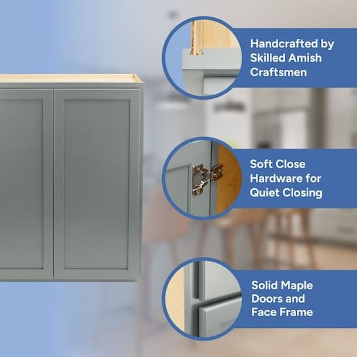handcrafted by skilled amish craftsmen, soft close hardware, solid maple doors, face frame, and drawer front