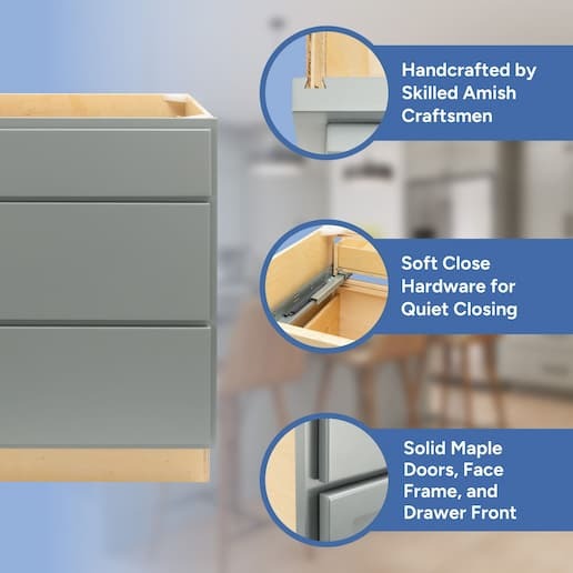 handcrafted by skilled amish craftsmen, soft close hardware, solid maple doors, face frame, and drawer front