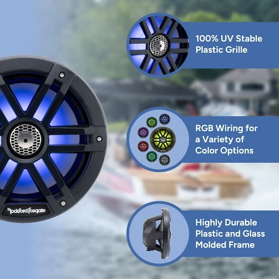 100% UV Stable Plastic Frame and Grille, RGB Wiring for a Variety of Color Options, Sealed Motor Speaker Design 100% UV Stable Plastic Frame and Grille, RGB Wiring for a Variety of Color Options, Sealed Motor Speaker Design