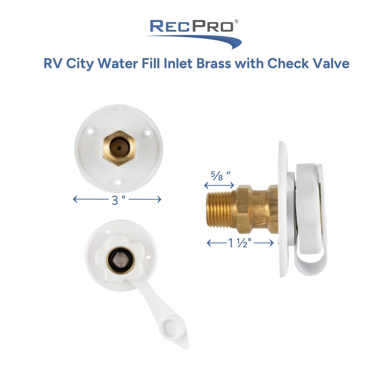 RV City Water Fill Inlet Brass with Check Valve Measurements 