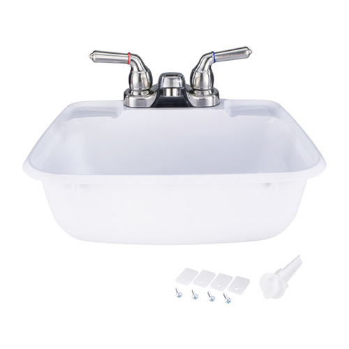 White RV bathroom sink with a brushed nickel faucet. The included hardware is pictured below it.