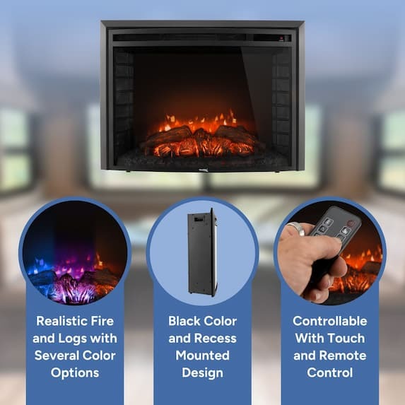 realistic fire and logs with several color options, black color and recess mounted design, controllable with touch and remote control