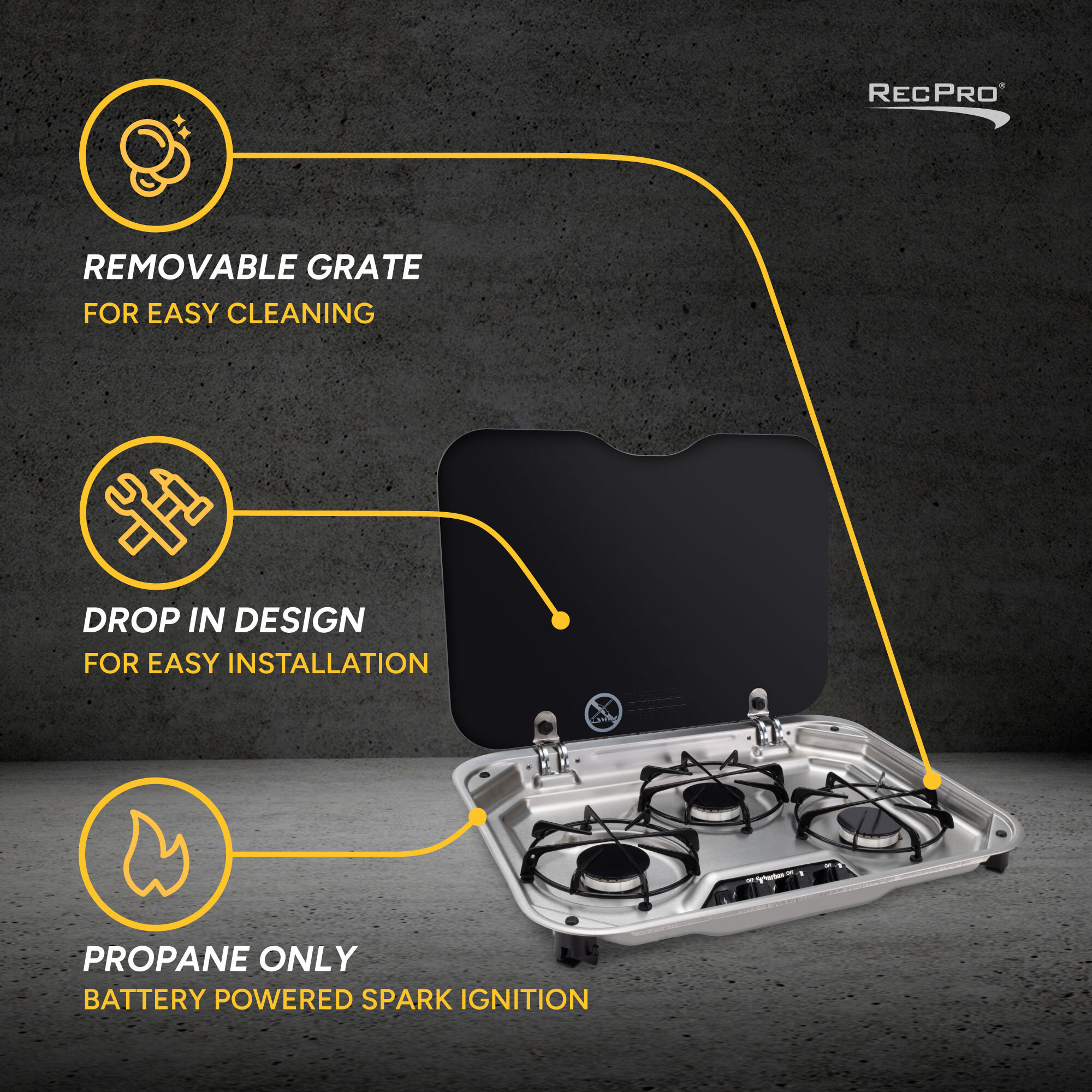 Removable Grate, Drop In Design, Propane Only