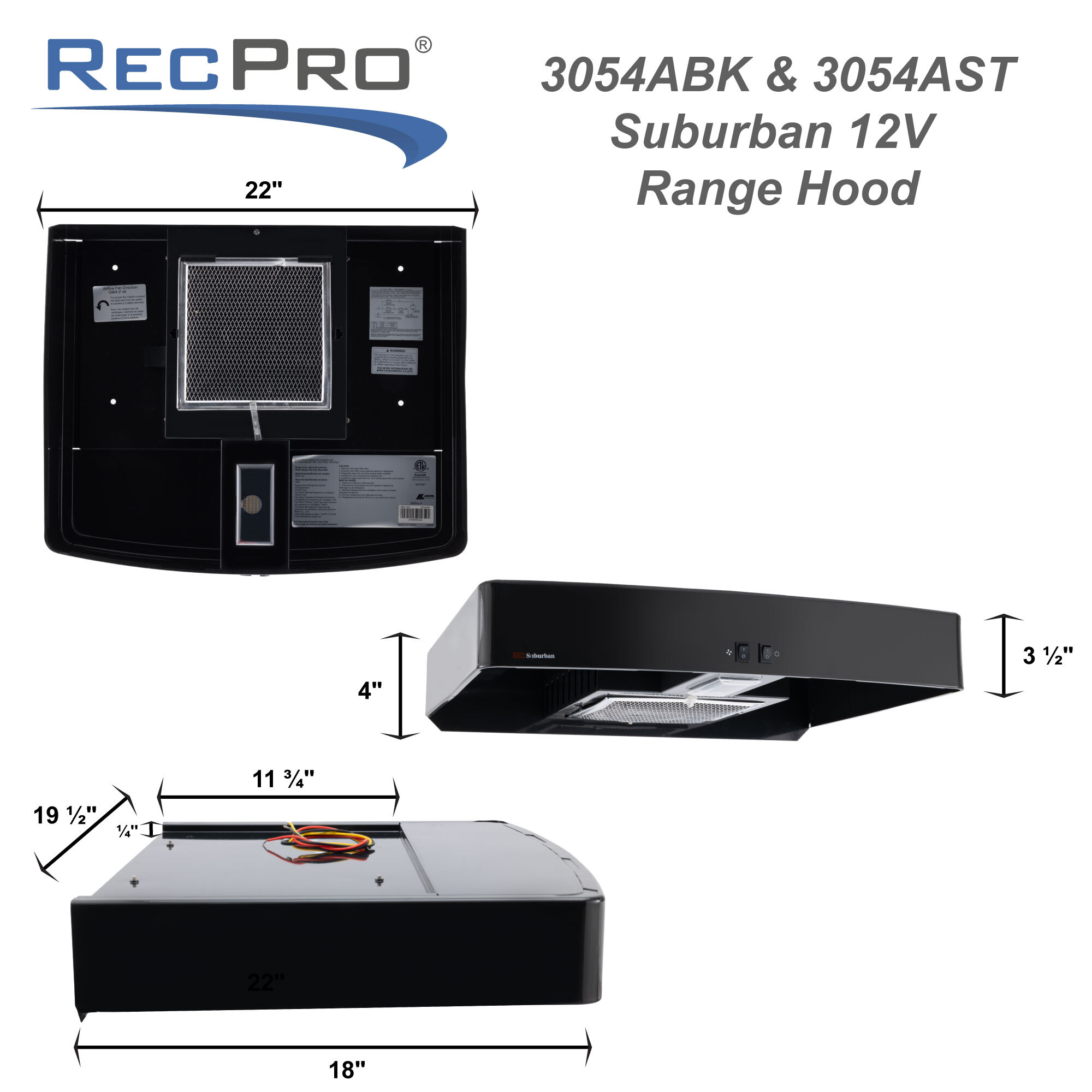 Suburban Range Hood : 22&rdquo;W x 18&rdquo;D x 4&rdquo;H