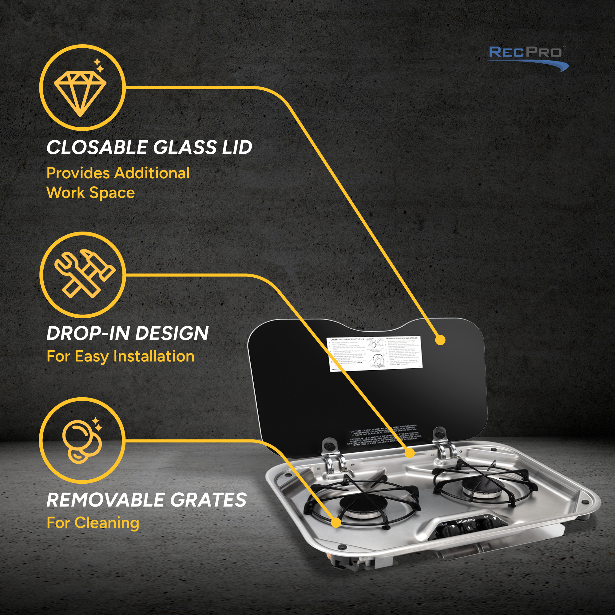 Closable Glass Lid, Drop-In Design, Removable Grates Closable Glass Lid, Drop-In Design, Removable Grates