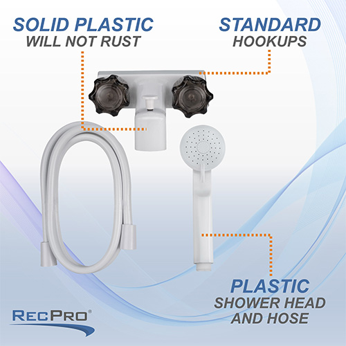 Solid plastic will not rust. Standard hookups. Plastic shower head and hose. Solid plastic will not rust. Standard hookups. Plastic shower head and hose.