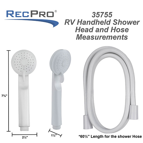Hand held shower head and hose measurements.