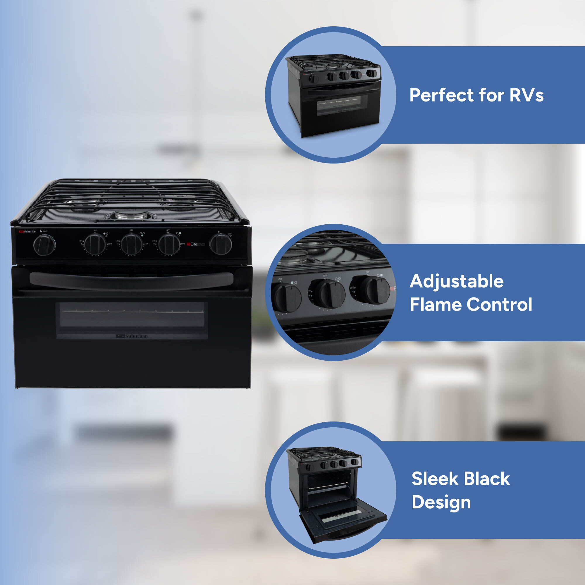 Perfect for RVs, Adjustable Flame Control, Sleek Black Design