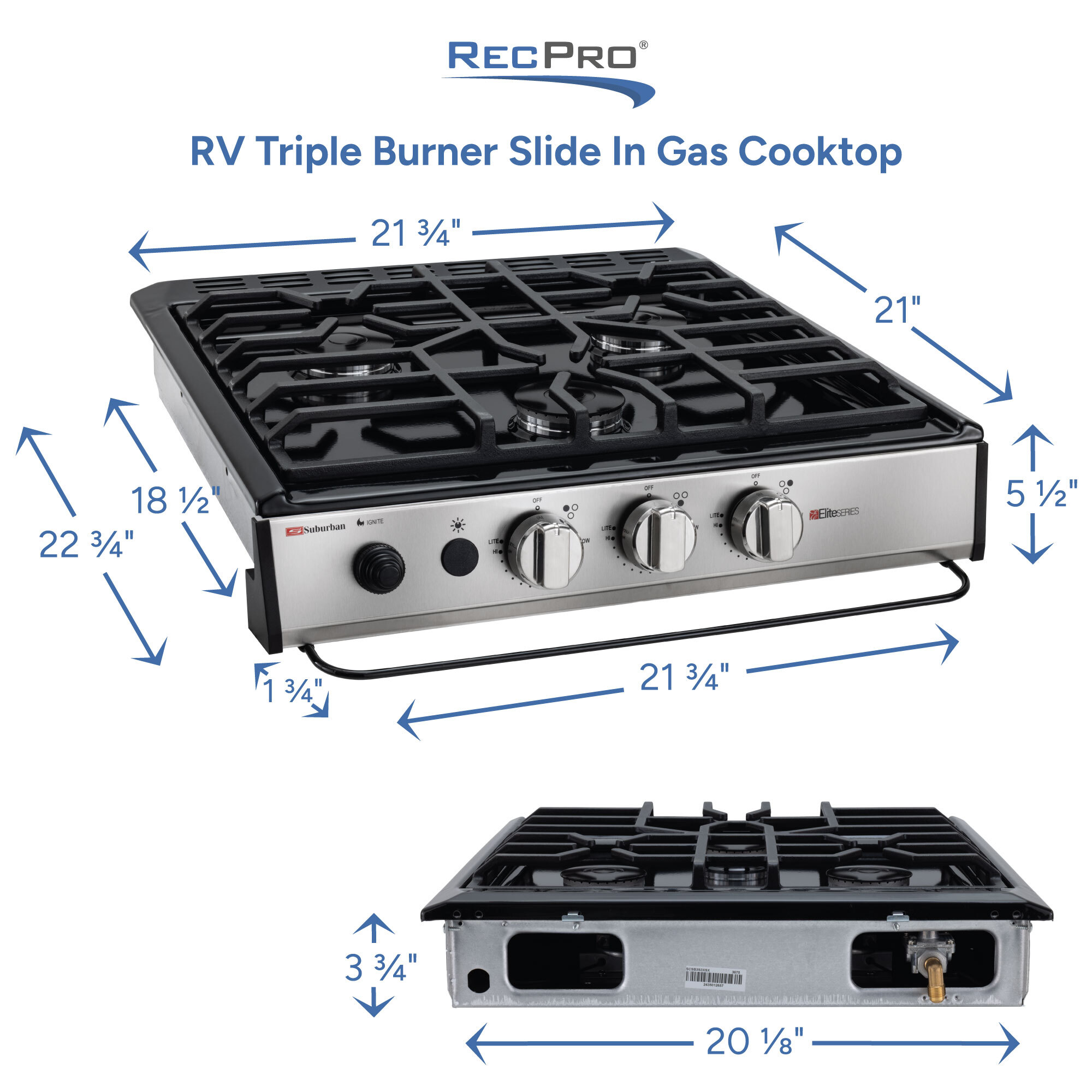 RV Triple Burner Slide In Gas Cooktop Measurements 