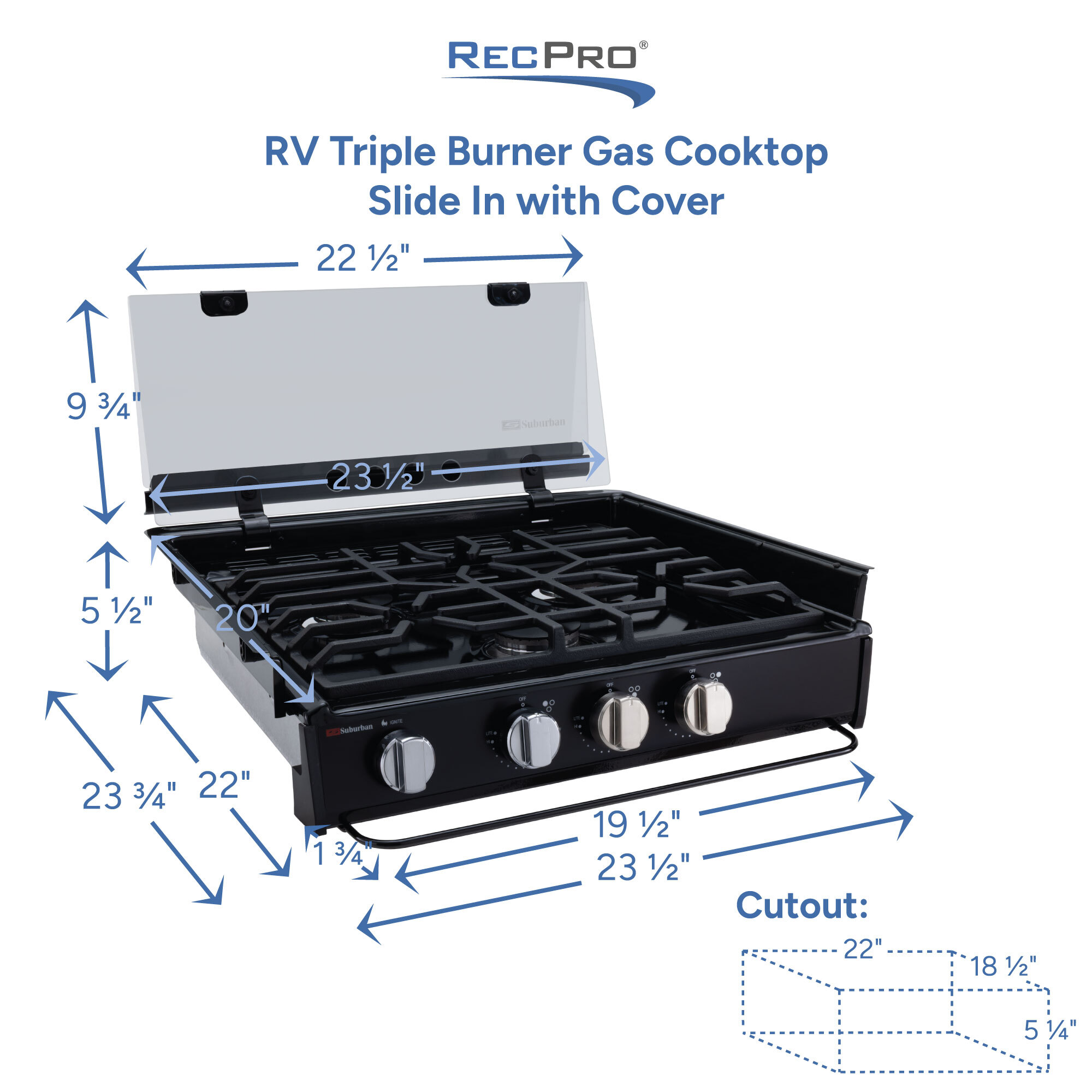 RV Triple Burner Gas Cooktop Slide In with Cover