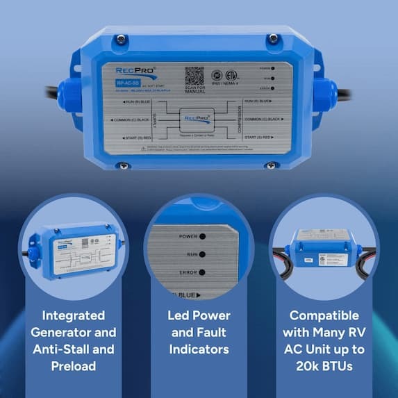 integrated generator and anti-stall and preload, LED power and fault indicators, compatible with many rv AC unit up to 20k BTUs
