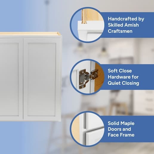 handcrafted by skilled amish craftsmen, soft close hardware, solid maple doors, face frame, and drawer front