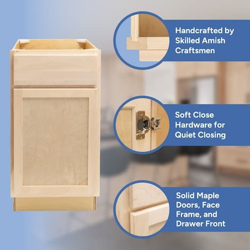 handcrafted by skilled amish craftsmen, soft close hardware, solid maple doors, face frame, and drawer front