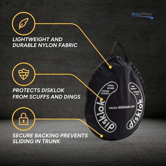 lightweight and durable nylon fabric, protects disklok from scuff and dings, secure backing prevents sliding in trunk