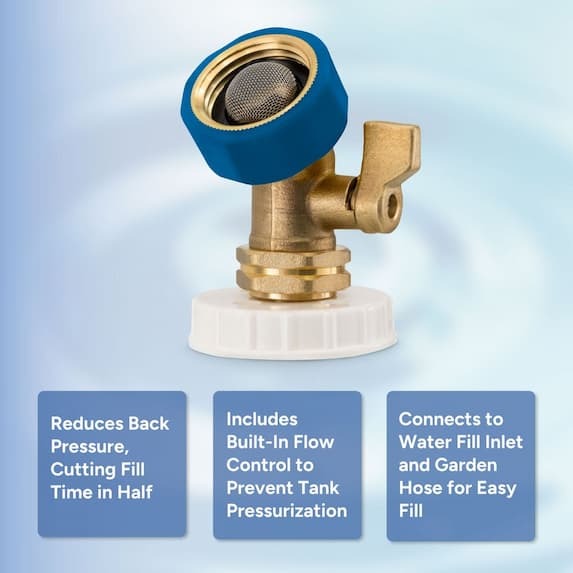 reduces back pressure, includes built-in control to prevent tank pressurization, connects to water fill inlet and garden hose for easy fill