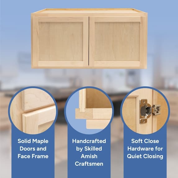 handcrafted by skilled amish craftsmen, soft close hardware, solid maple doors and face frame