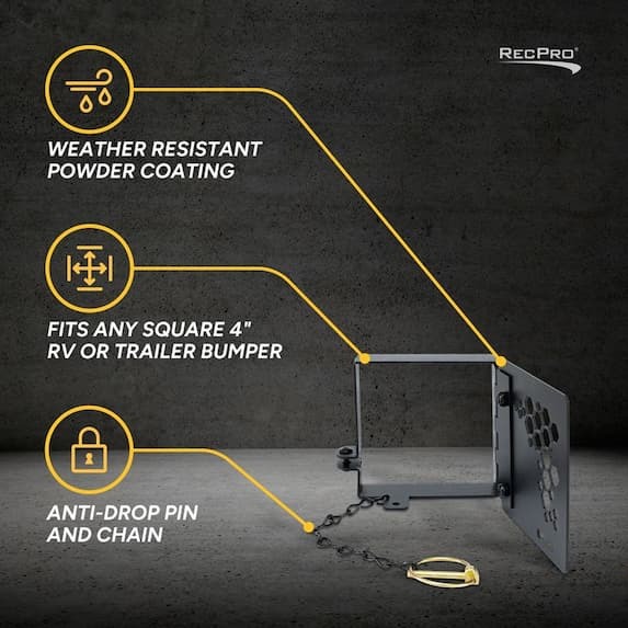 weather resistant powder coating, fits any square 4" rv or trailer bumper, anti-drop pin and chain