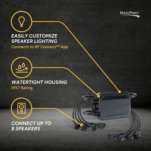 easily customize speaker lighting, watertight housing, connect up to 8 speakers
