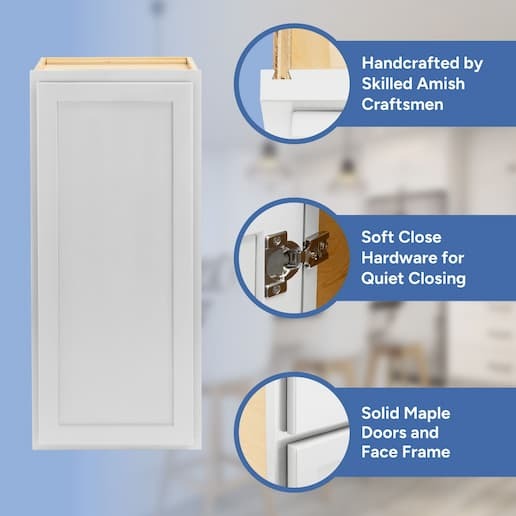 handcrafted by skilled amish craftsmen, soft close hardware, solid maple doors, face frame, and drawer front
