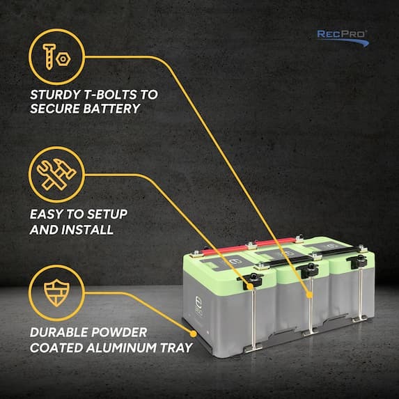 sturdy t-bolts to secure battery, easy to setup and install, durable powder coated aluminum tray