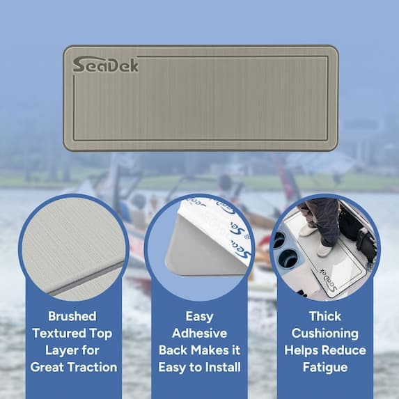 brushed textured top layer for great traction, easy adhesive back makes it easy to install, thick cushioning helps reduce fatigue