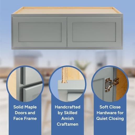 handcrafted by skilled amish craftsmen, soft close hardware, solid maple doors, face frame, and drawer front